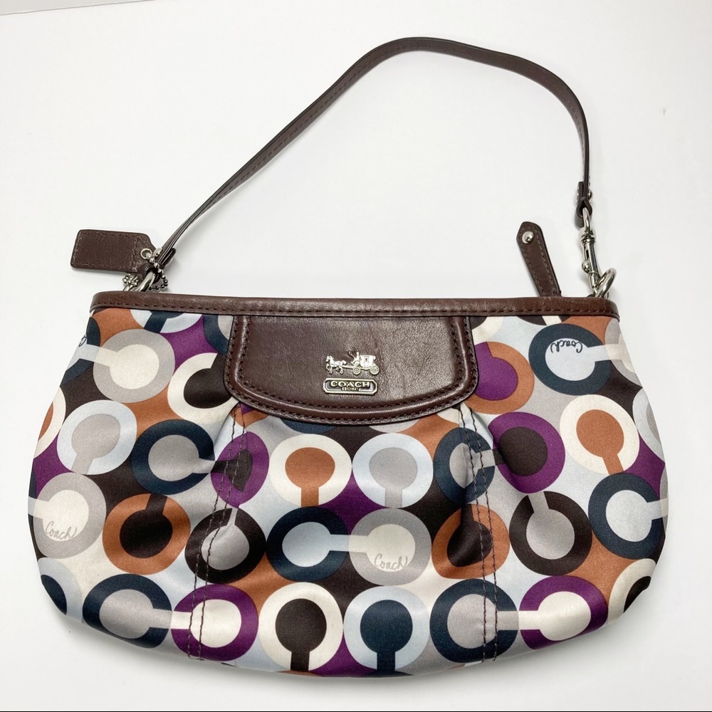 Coach Small Satin Logo Print Satchel Bag Leather Purple Satin Lining